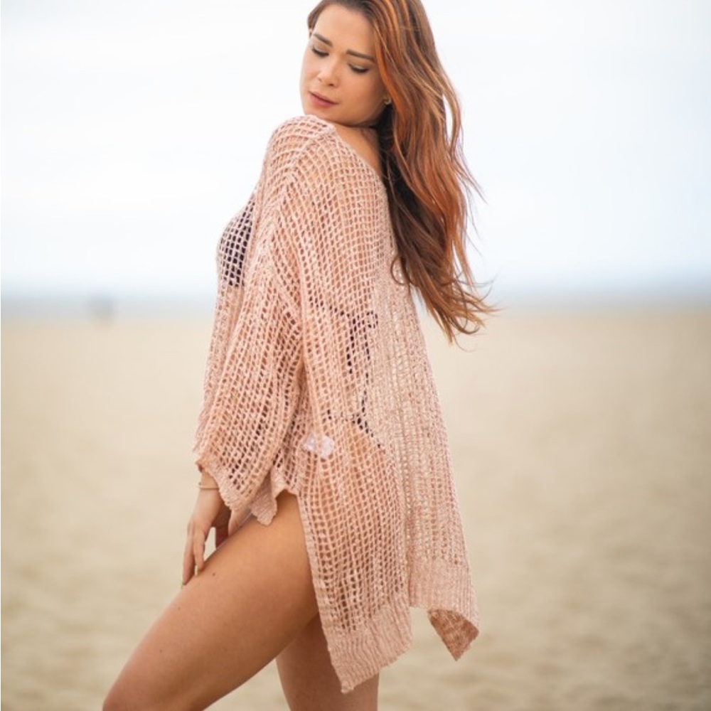 Loose Knit Top Swimsuit Coverup Beach Coverup Hi Lo Top Hollow Knit - Picture 4 of 7